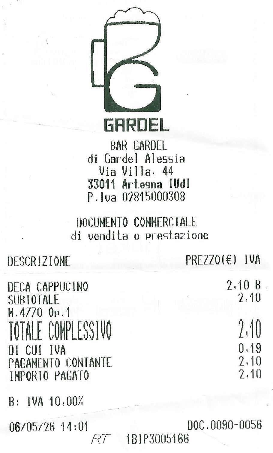Receipt for coffee in Bar Gardel Artegna 6-5-2026